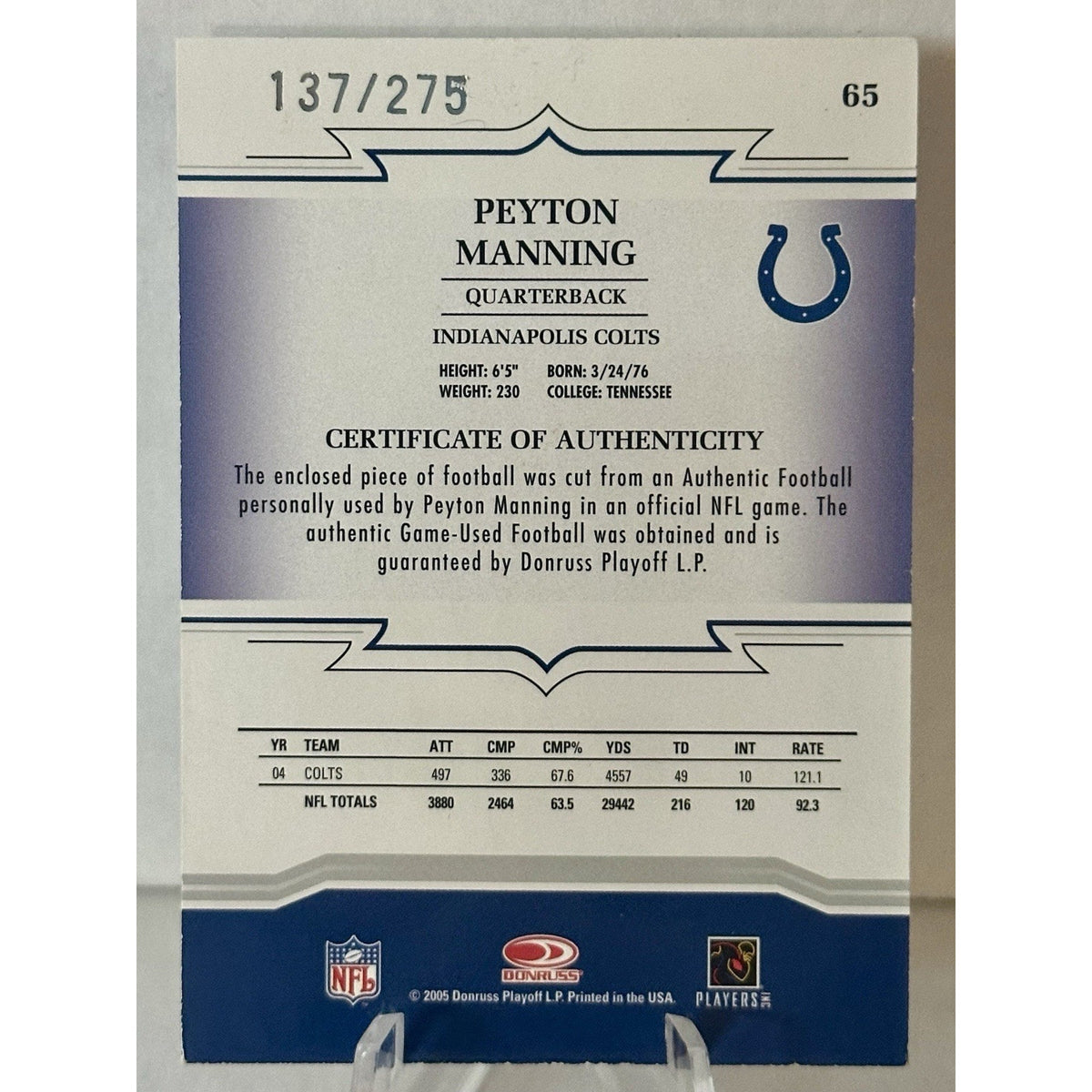 2005 Peyton Manning Donruss Throwback Threads #65 Game Used Football /275 Colts