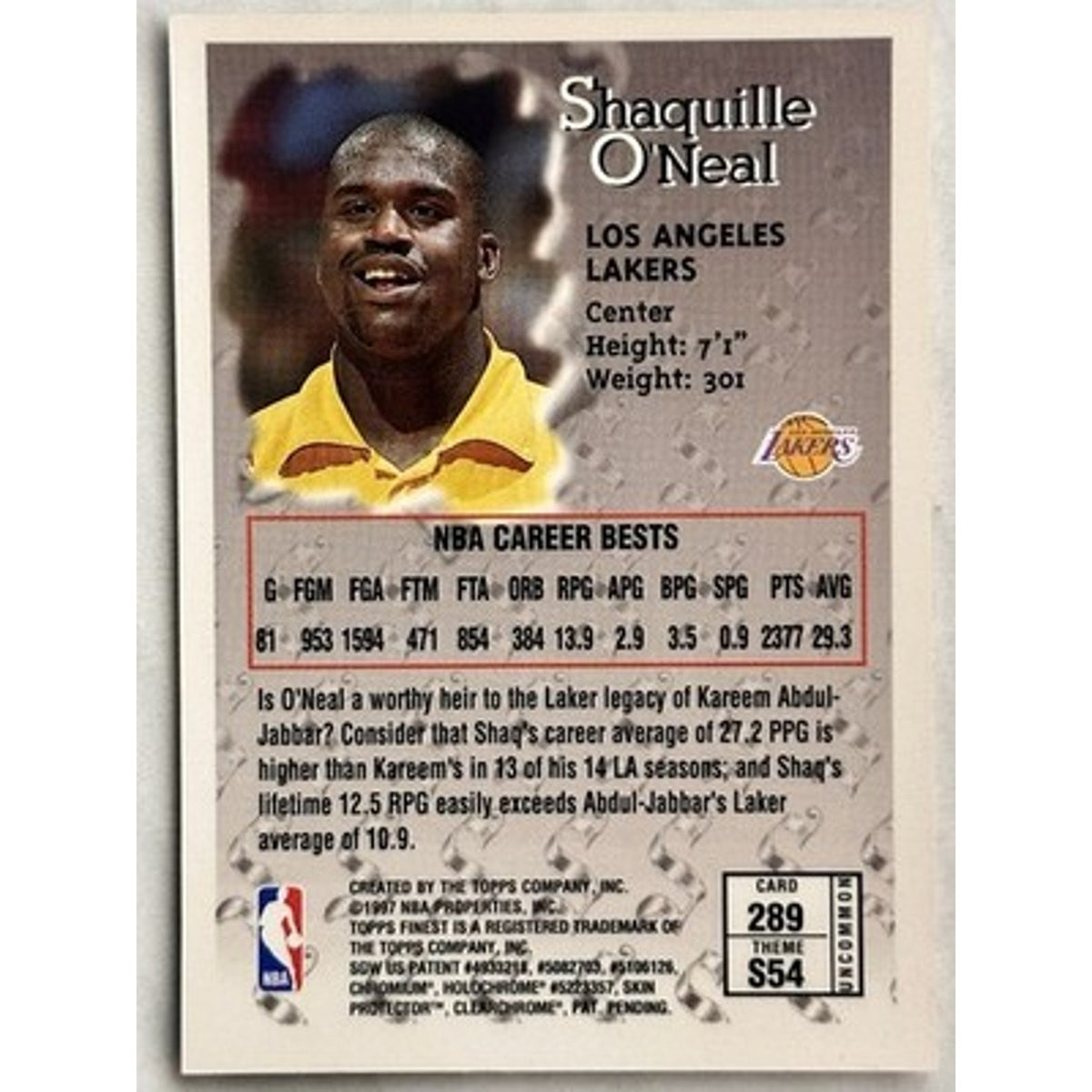 1997-98 Topps Shaquille Oneal W/Coating Finest Sterling #289 LA Lakers