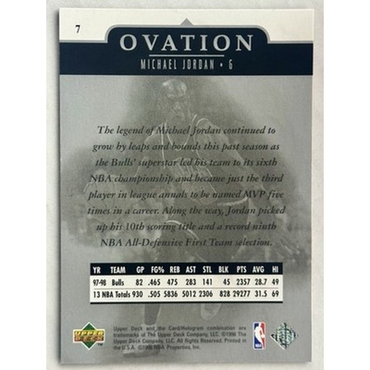 1998-99 Michael Jordan Upper Deck Ovation Basketball Card #7 BULLS