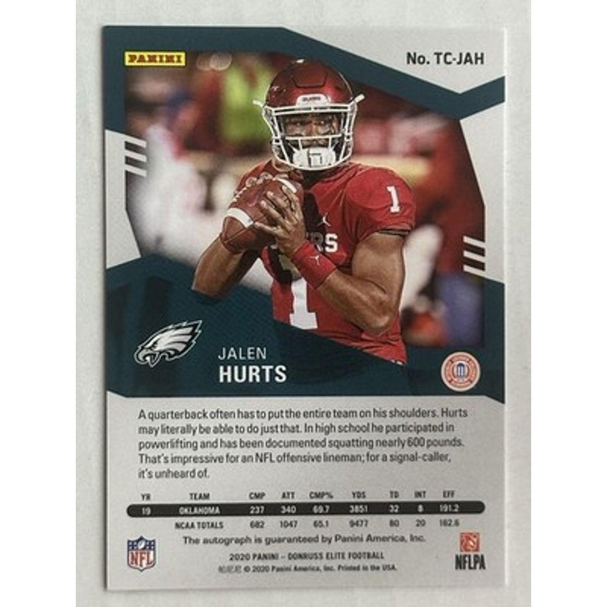 Panini 2020 Donruss Elite Jalen Hurts RC Auto Purple /49 TC-JAH Eagles