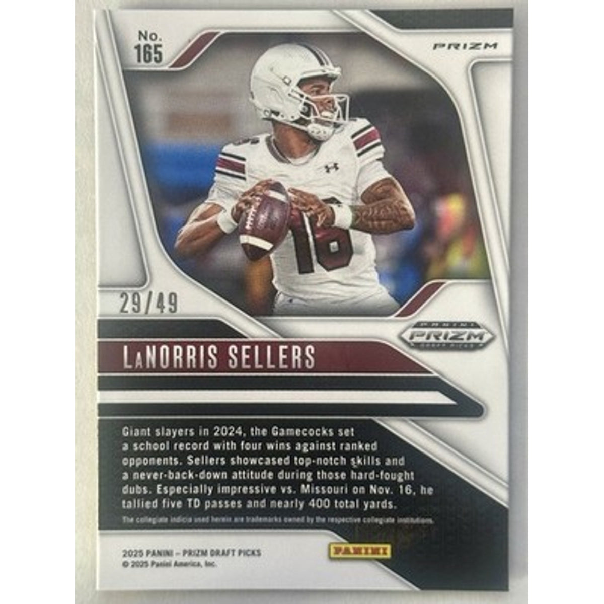 2025 Panini Prizm Draft Picks Gold Prizm LaNorris Sellers #165 Gamecocks /49
