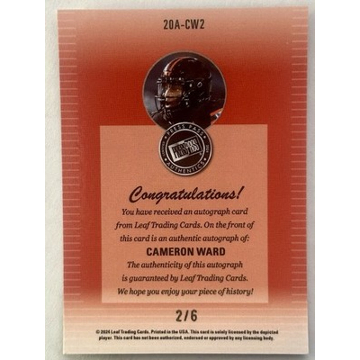 2024 Leaf Collective Cameron Ward Press Pass Auto Shimmer Black /6 Hurricanes