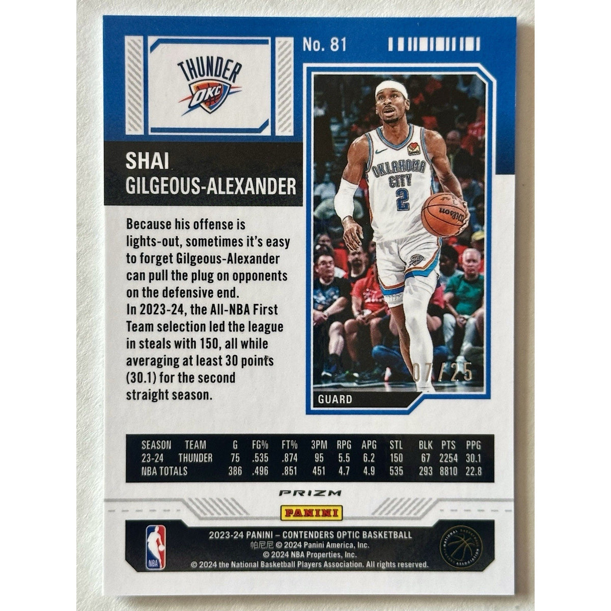 2023-24 Contenders Optic 81 Shai Gilgeous-Alexander Black White Prizm Ticket /25