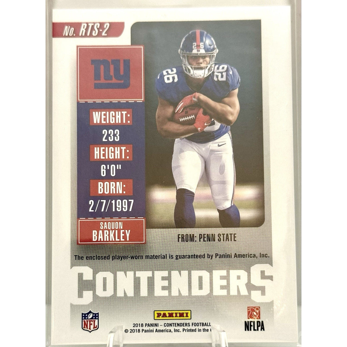 2018 Contenders Green Rookie Ticket RTS-2 Player Worn Saquon Barkley Patch
