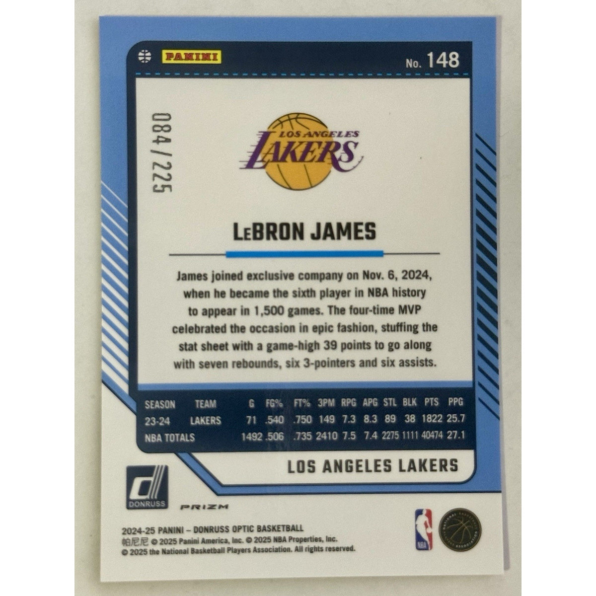2024-25 Panini Donruss Optic LeBron James #148 Orange Shock Prizm /225 Lakers