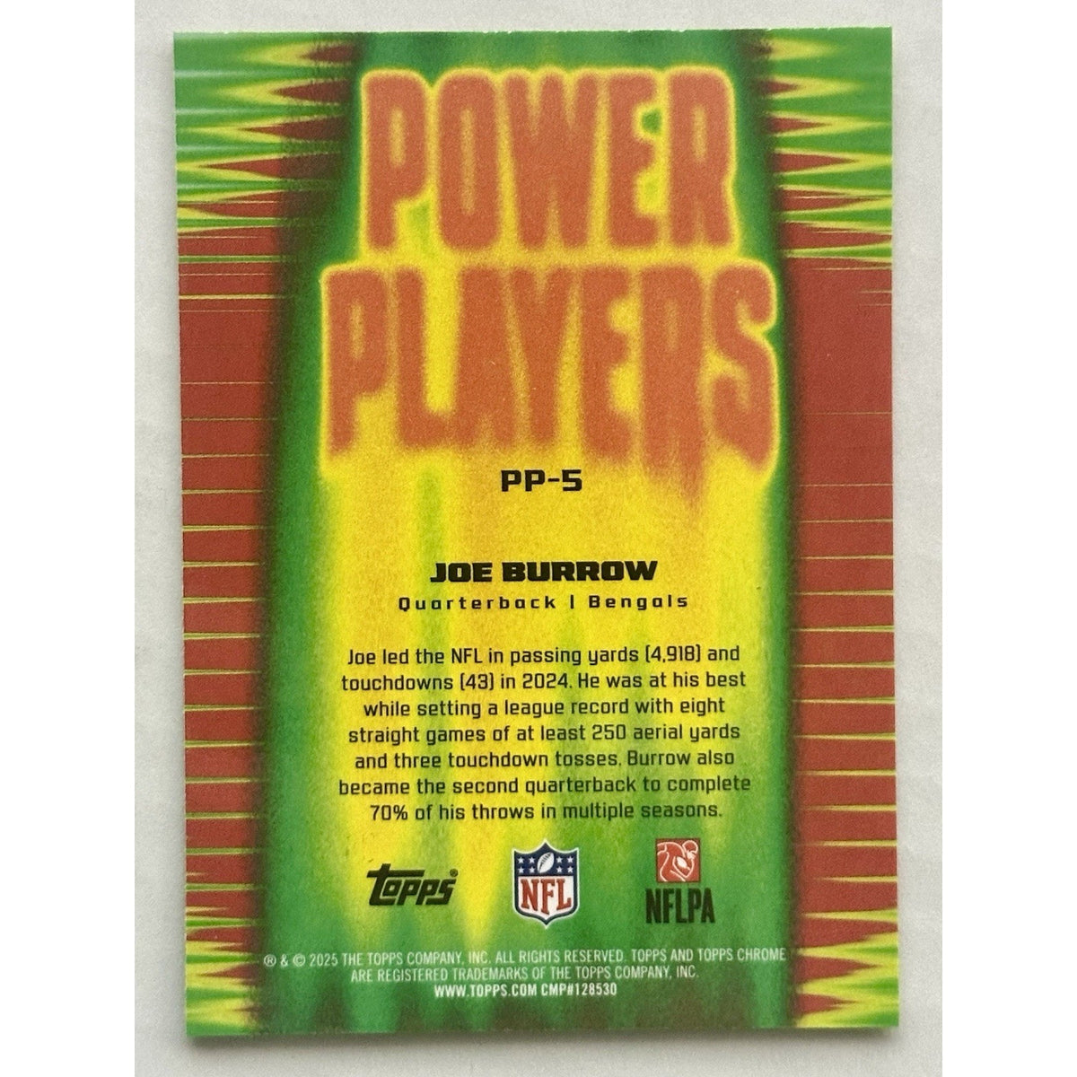 2025 Topps Chrome Joe Burrow Power Players Yellow Refractor /275 Bengals