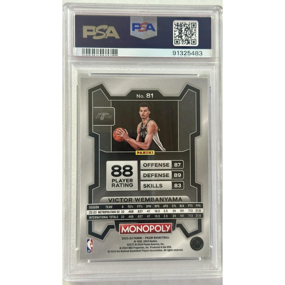 Panini 2023-24 Prizm Monopoly Victor Wembanyama #81 Spurs RC PSA 10
