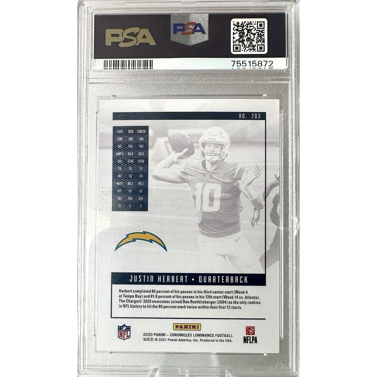 2020 PANINI CHRONICLES #203 JUSTIN HERBERT RC LUMINANCE TEAL PSA 10 GEM MINT