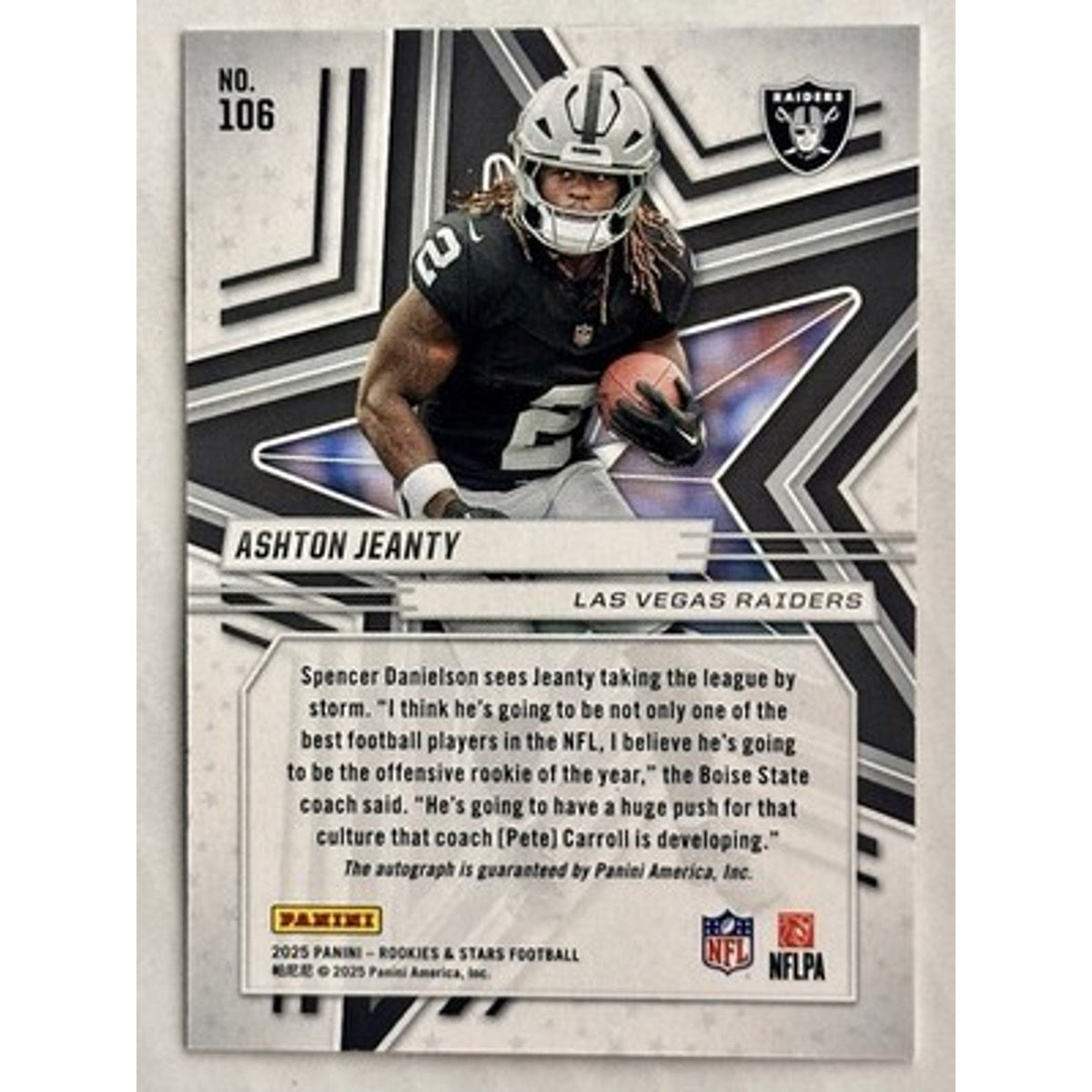 Panini 2025 Rookies & Stars Rookies Signatures Auto RC #106 Ashton Jeanty /349