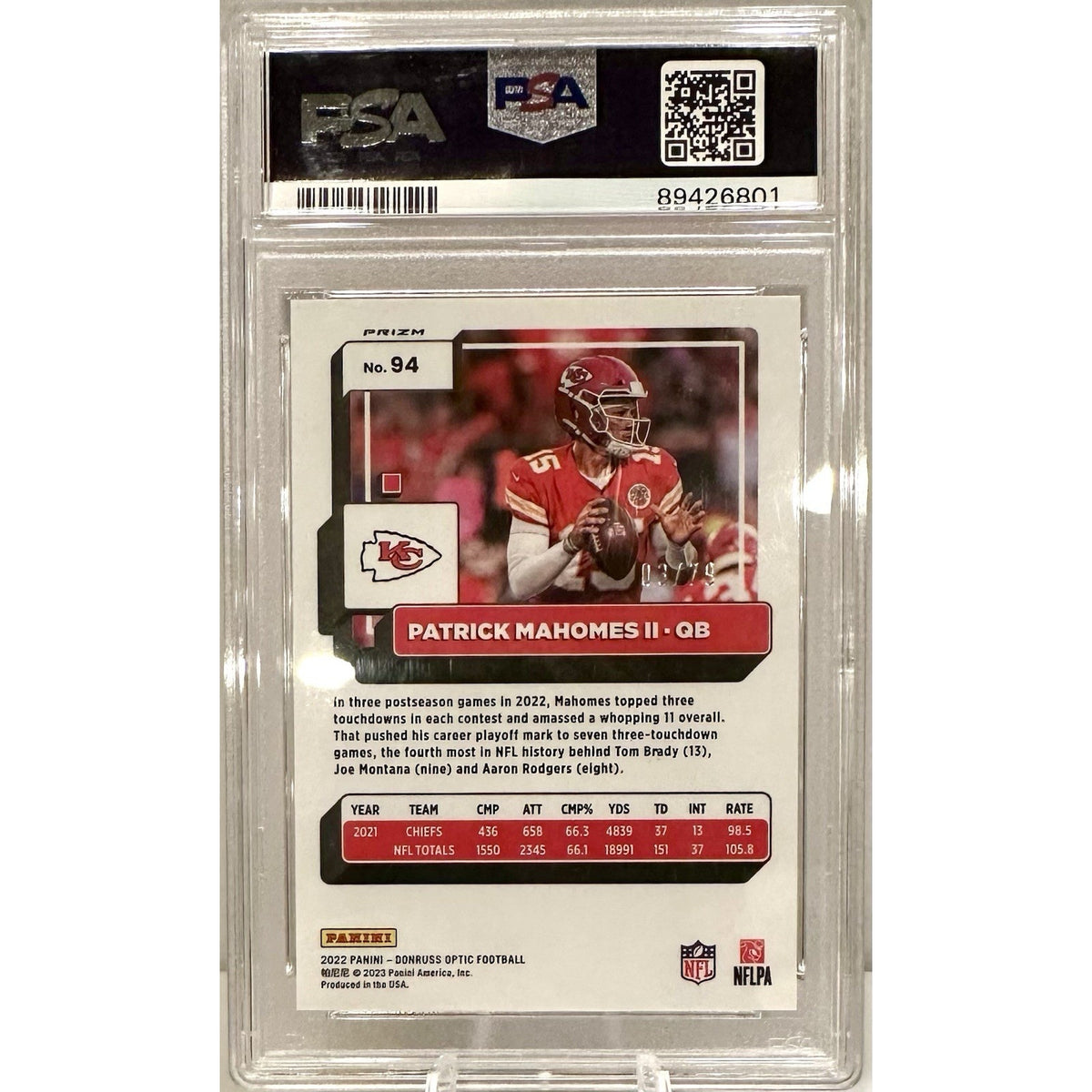 2022 Donruss Optic Pink Velocity Prizm /79 Patrick Mahomes II #94 PSA 9 Mint
