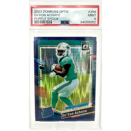 2023 Panini Donruss Optic Rated Rookie De'Von Achane #269 Purple Shock PSA 9