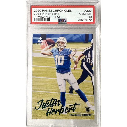2020 PANINI CHRONICLES #203 JUSTIN HERBERT RC LUMINANCE TEAL PSA 10 GEM MINT