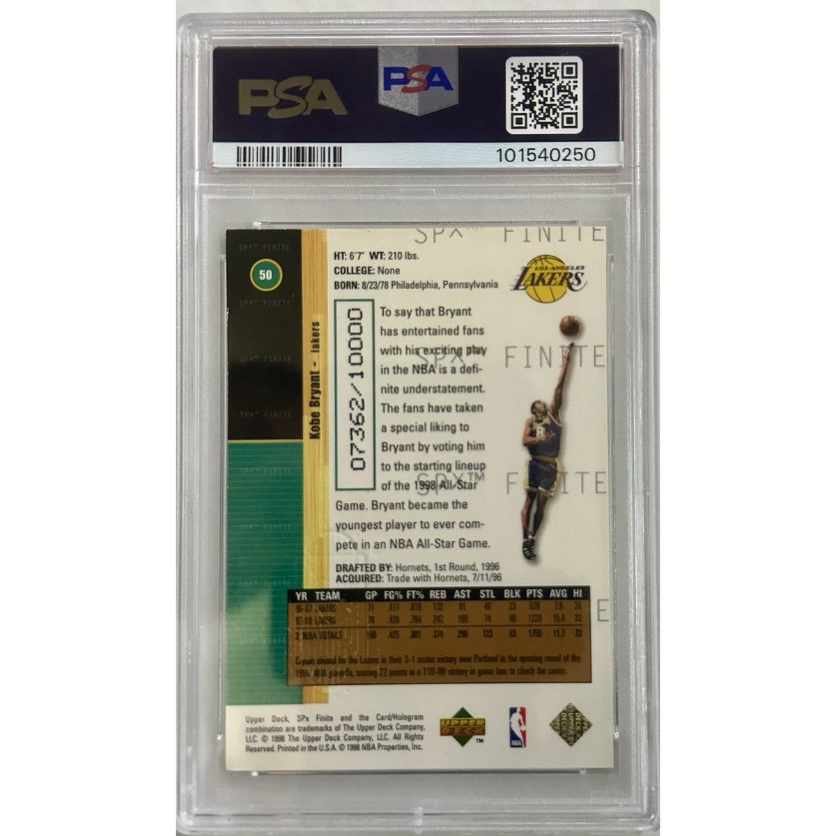 1998-99 SPX Finite Kobe Bryant #50 Lakers HOF /10000 - PSA 7
