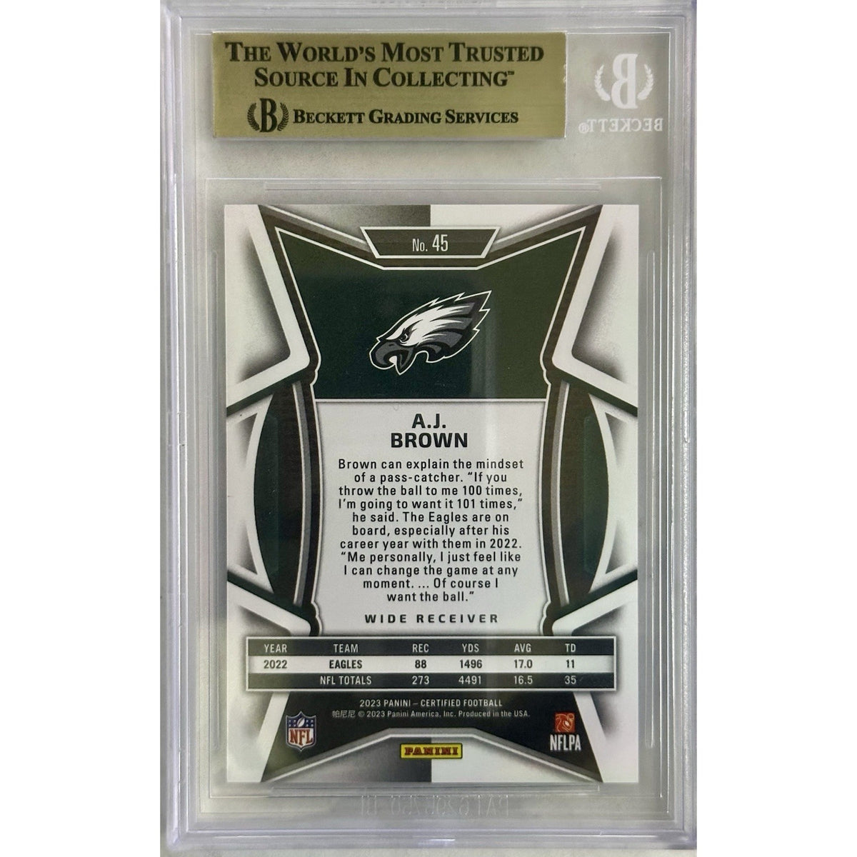 2023 Panini Certified A.J. Brown Blue Mirror # /75 45 Eagles BGS 9.5 Beckett
