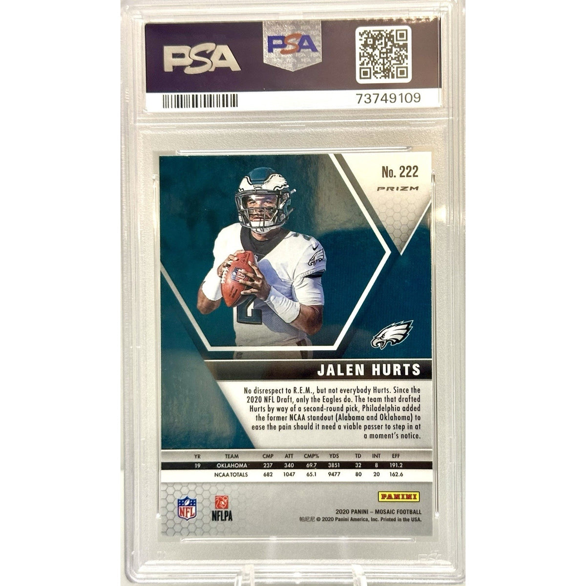2020 Mosaic Reactive Green Prizm Jalen Hurts Rookie Card #222 PSA 9