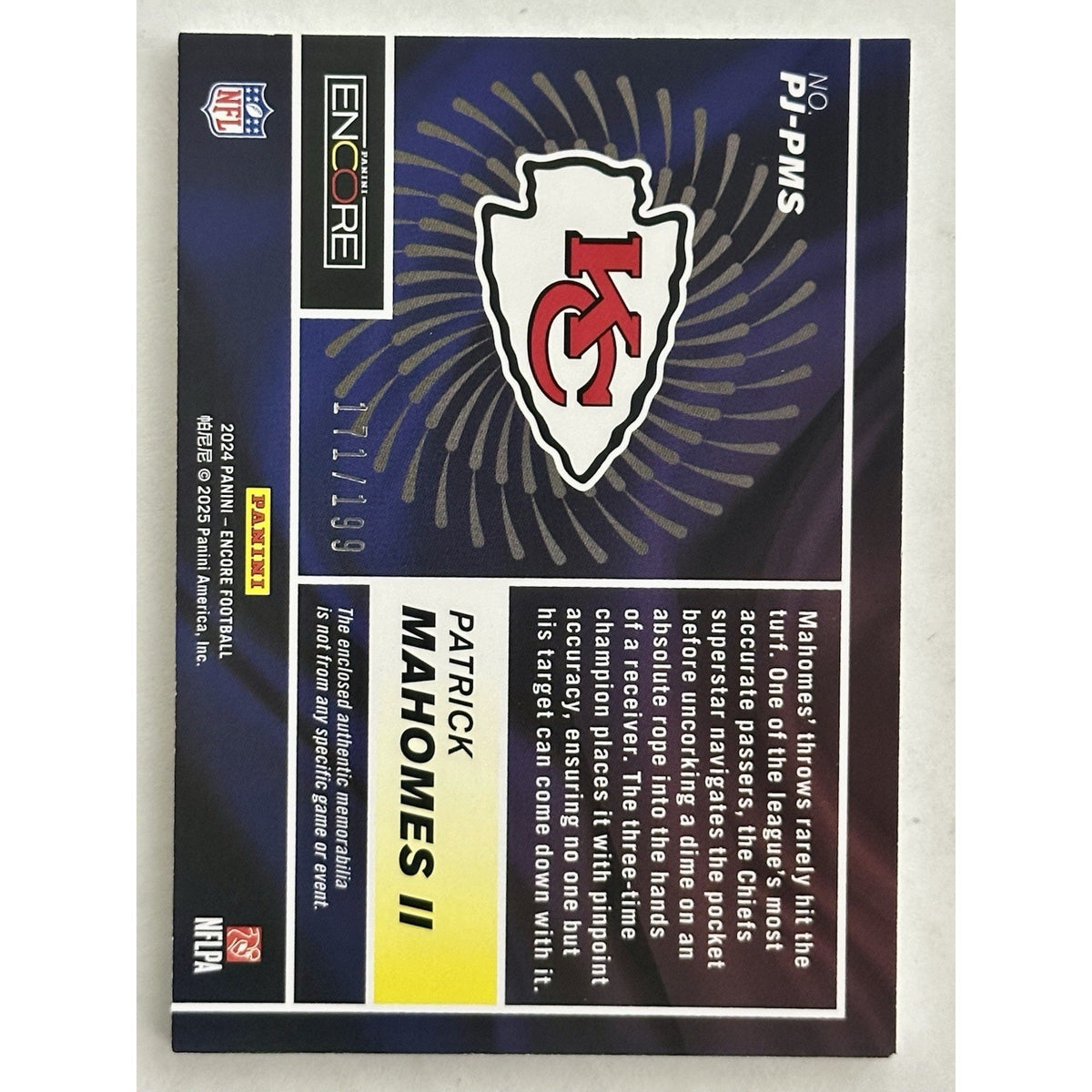 2024 Panini Encore - Pinnacle Jerseys Patrick Mahomes II #PJ-PMS /199 (MEM)