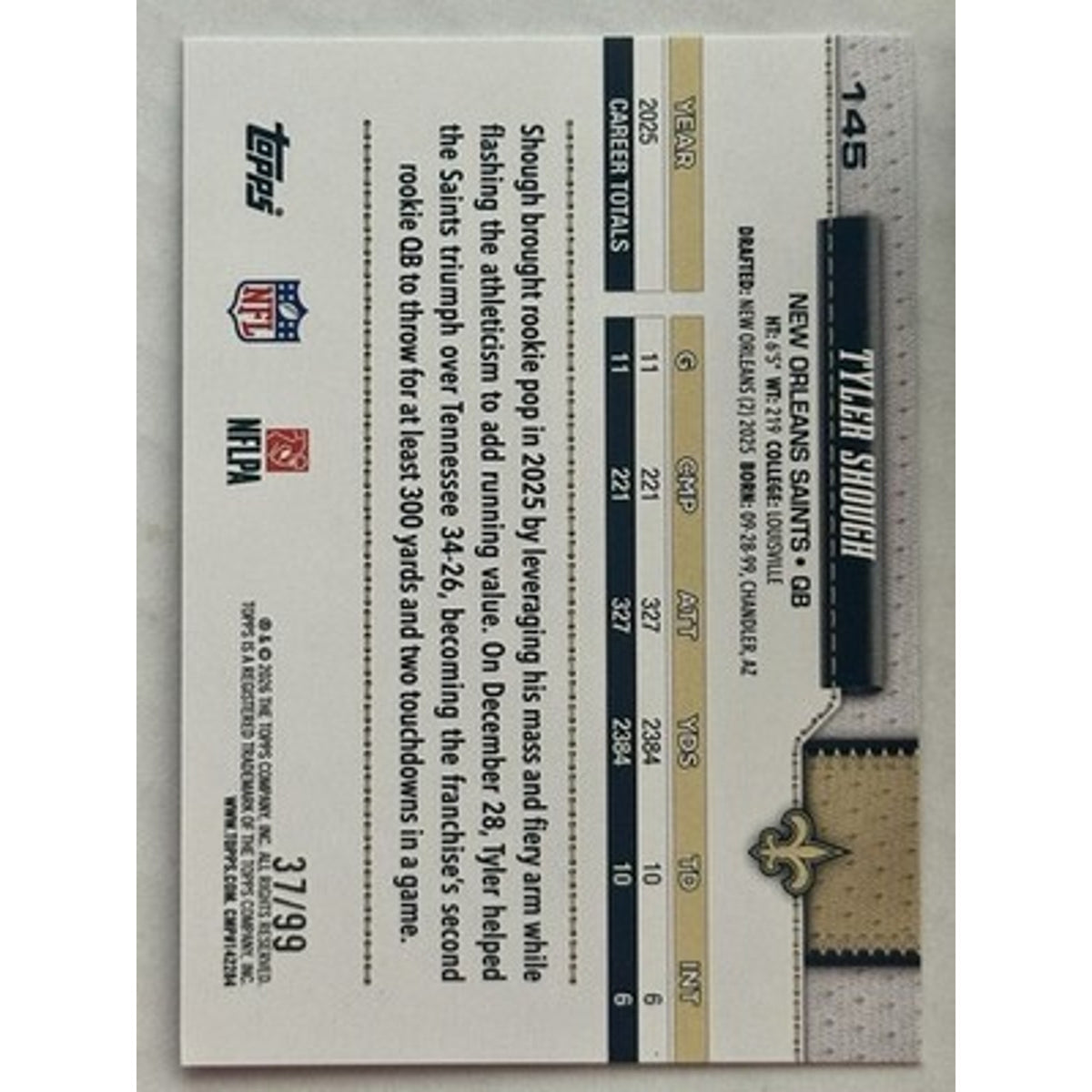 2026 Topps Flagship Tyler Shough Blue & Green Geometric /99 NO Saints
