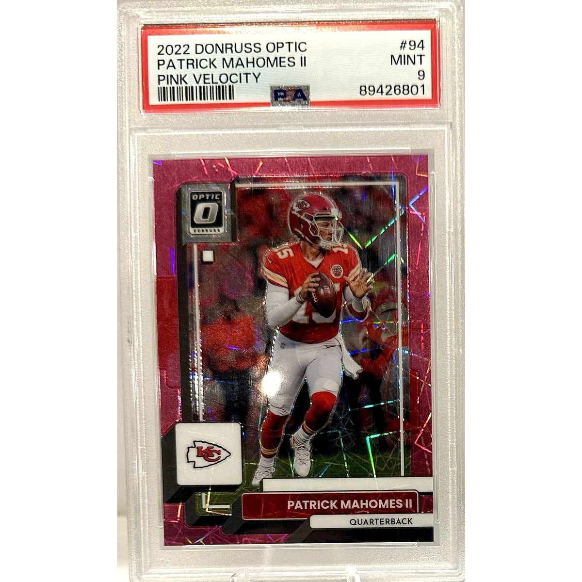 2022 Donruss Optic Pink Velocity Prizm /79 Patrick Mahomes II #94 PSA 9 Mint
