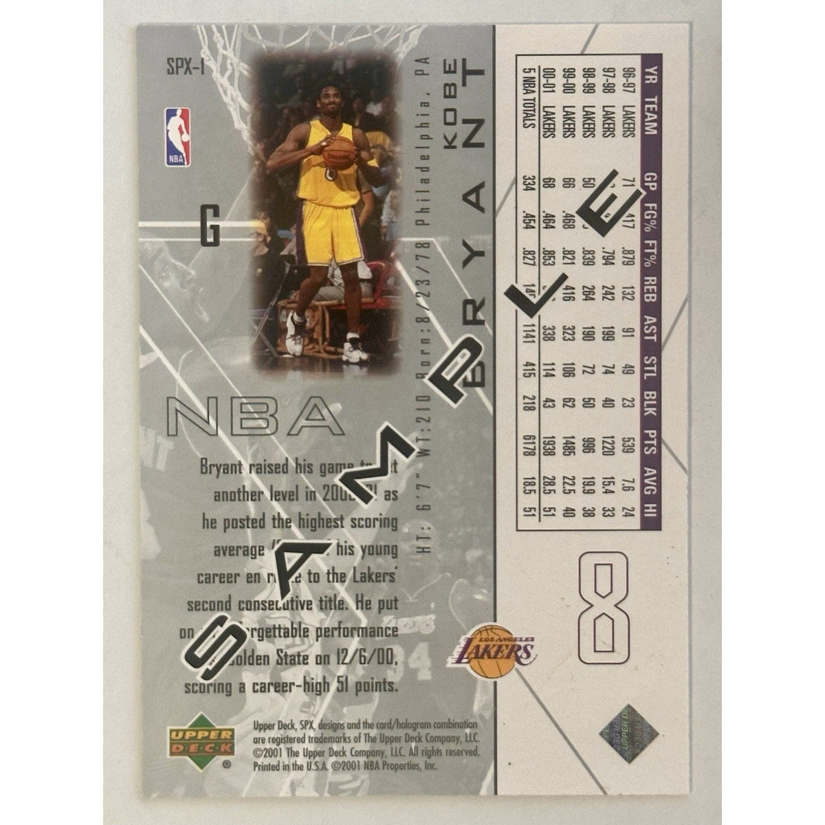2001-02 Upper Deck SPX Kobe Bryant SPX-1 Sample Promo