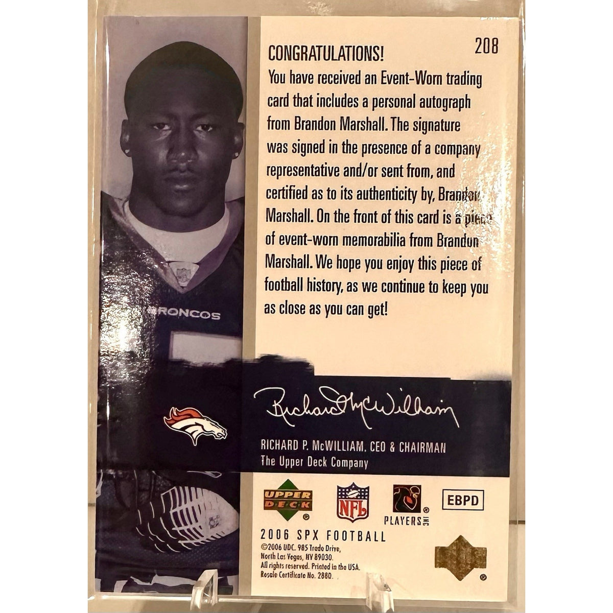 2006 SPx - SPx Auto Rookie Jersey Brandon Marshall #208 /1650 (AU, MEM, RC)