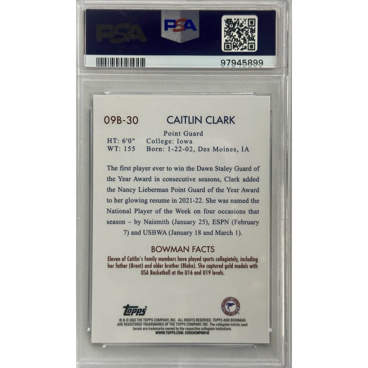 2022-2023 Bowman U Chrome Caitlin Clark 2009 Bowman 09B-30 PSA 9
