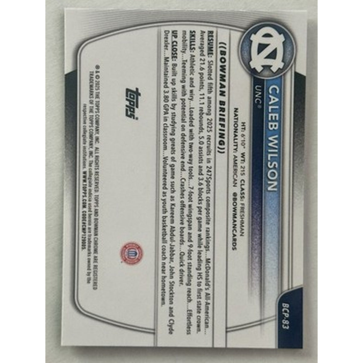 2025-26 Bowman U Chrome 1st Green Reptilian #CPA-83 Caleb Wilson Rookie /99 (B)