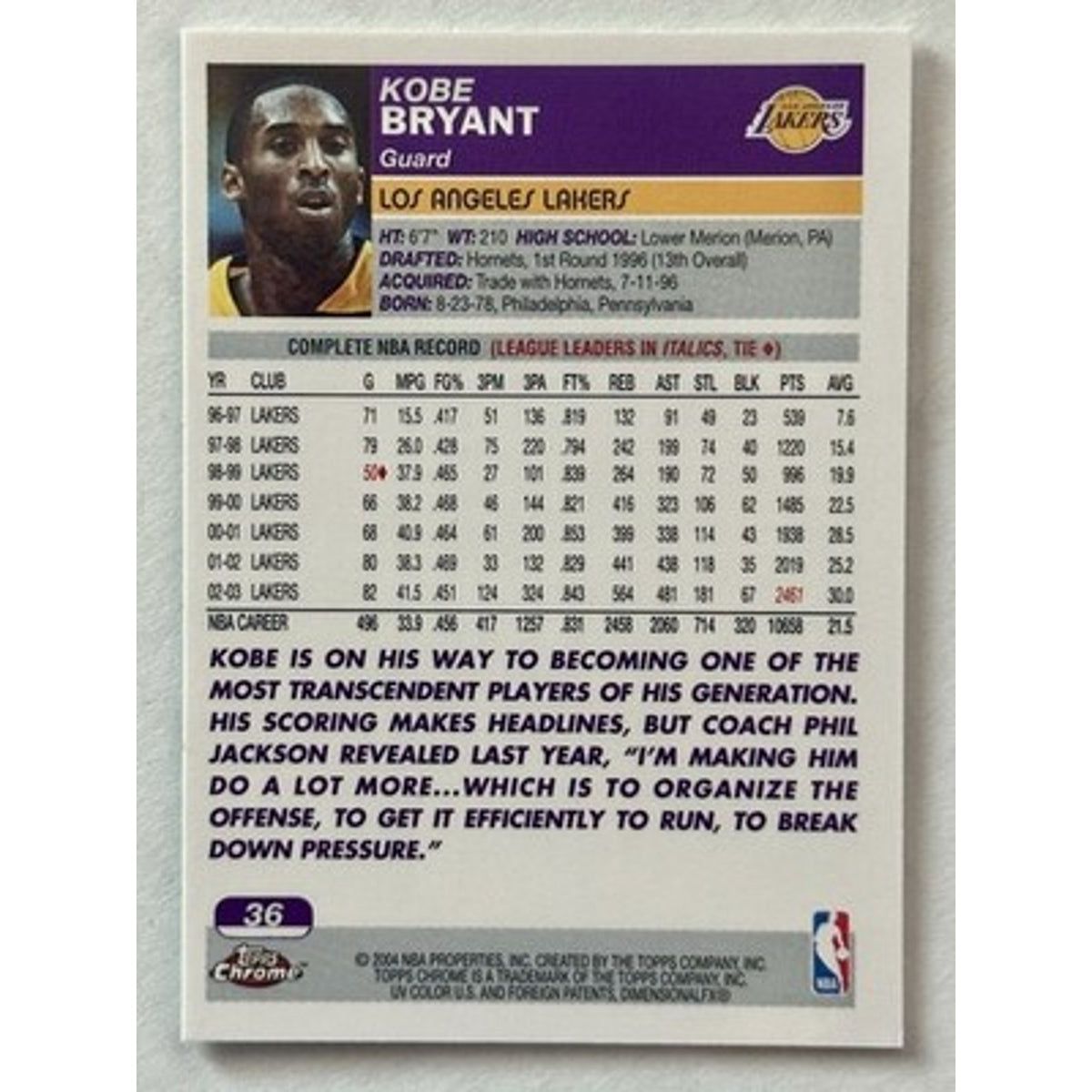 Topps Chrome 2003-04 Kobe Bryant Los Angeles Lakers #36