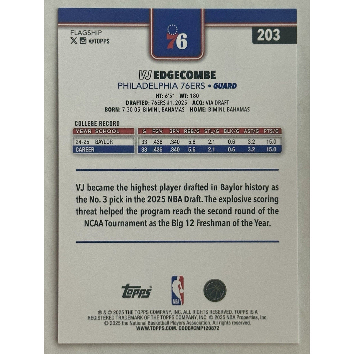 2025-26 Topps VJ Edgecombe Green Sand Glitter Rookie Card /99 Philadelphia 76ers