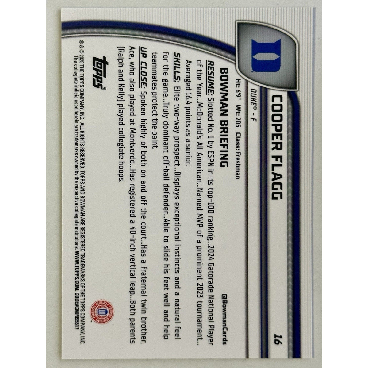Cooper Flagg #16 2025 Bowman U Chrome Purple Lava Refractor (RC) 1