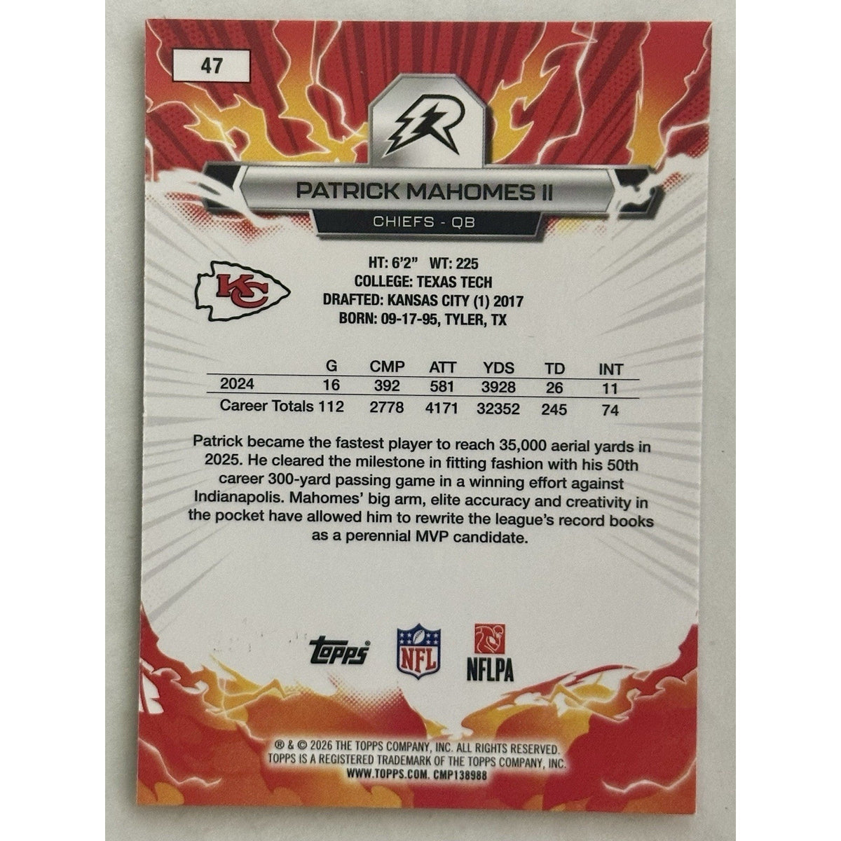 2025 Topps Resurgence #47 Patrick Mahomes Crimson Surge /199