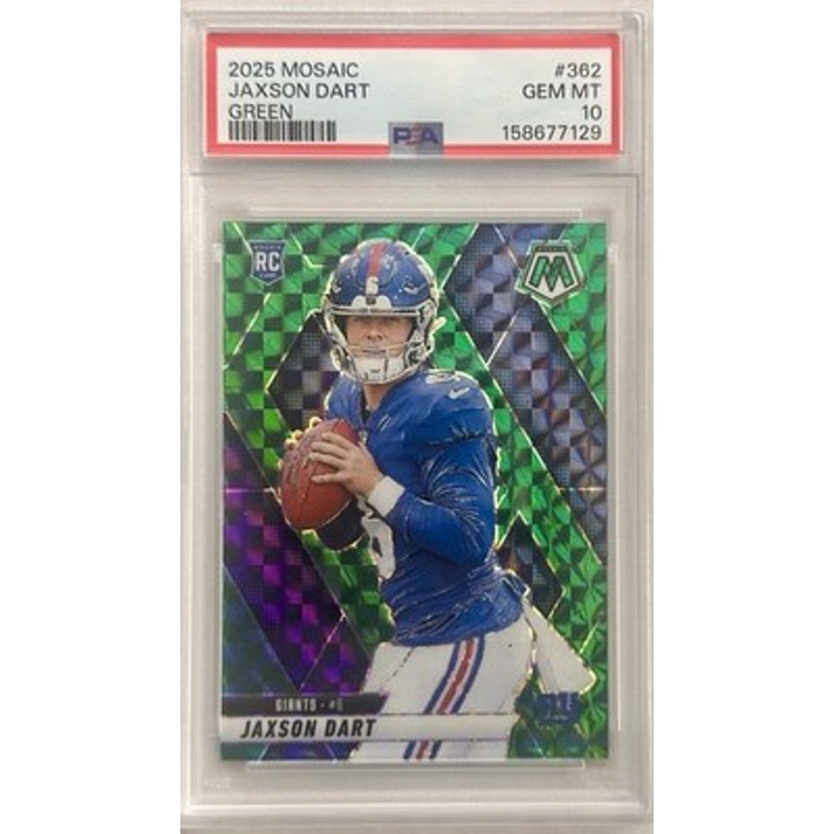 Panini 2025 Mosaic Football Jaxson Dart Giants Green Mosaic Prizm RC #362 PSA 10