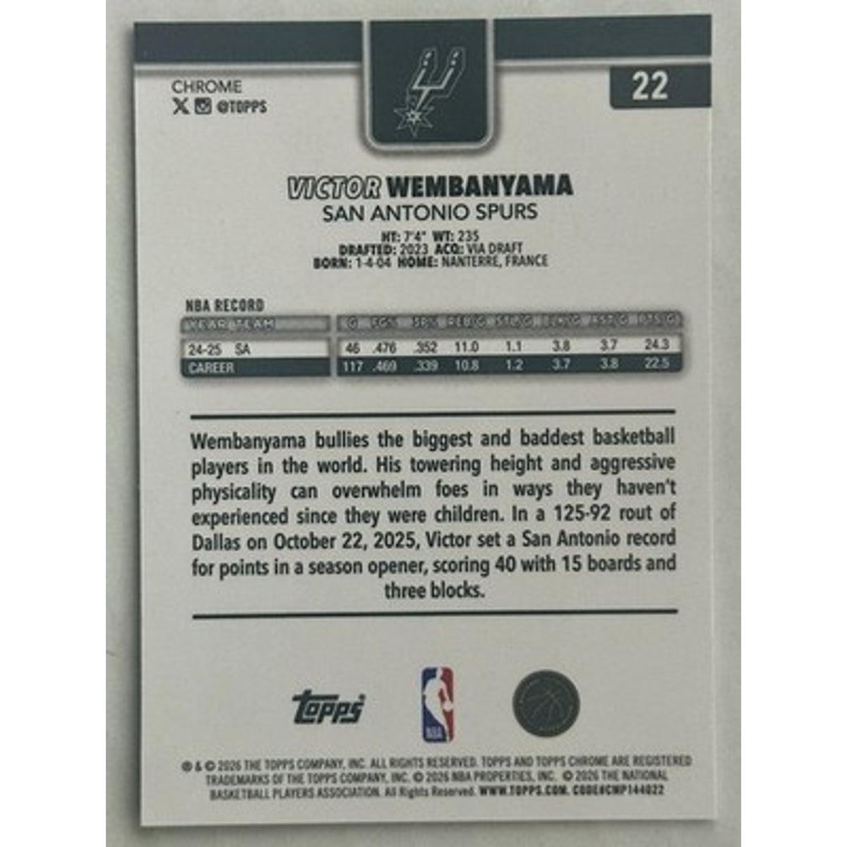 2025-26 Topps Chrome Victor Wembanyama #22 Teal Refractor /299 Spurs