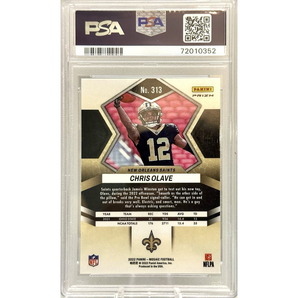 2022 Panini Mosaic #313 Chris Olave Silver Mosaic Prizm RC Saints PSA 9