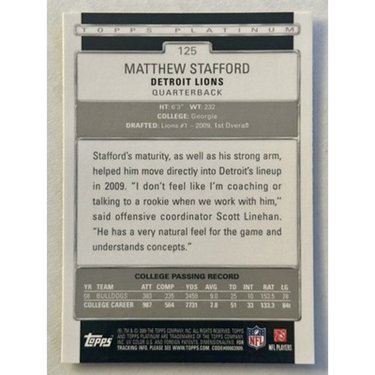 Matthew Stafford RC 2009 Topps Platinum Rookie Card #125 Detroit Lions RC