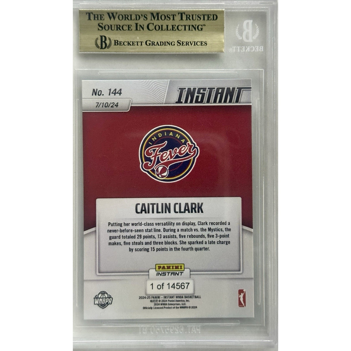 2024 Panini Instant WNBA #144 Caitlin Clark Fever Rookie RC BGS 10 Pristine