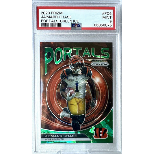 JA'MARR CHASE 2023 PANINI PRIZM PORTALS GREEN ICE BENGALS PSA 9