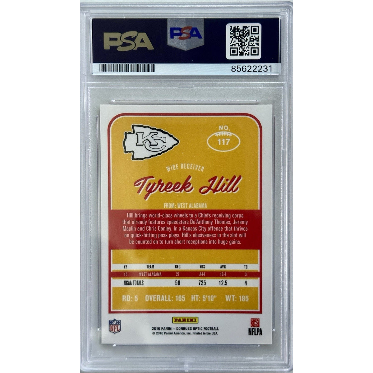 2016 Optic Tyreek Hill RC Rookie On Card Auto #117 PSA/DNA Authenticated