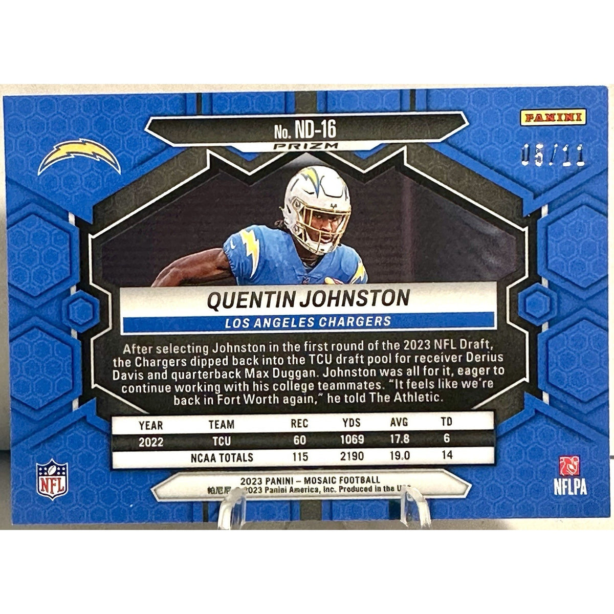 2023 Panini Mosaic Pink Swirl Quentin Johnston /11 RC Rookie ND-16 Prizm SSP