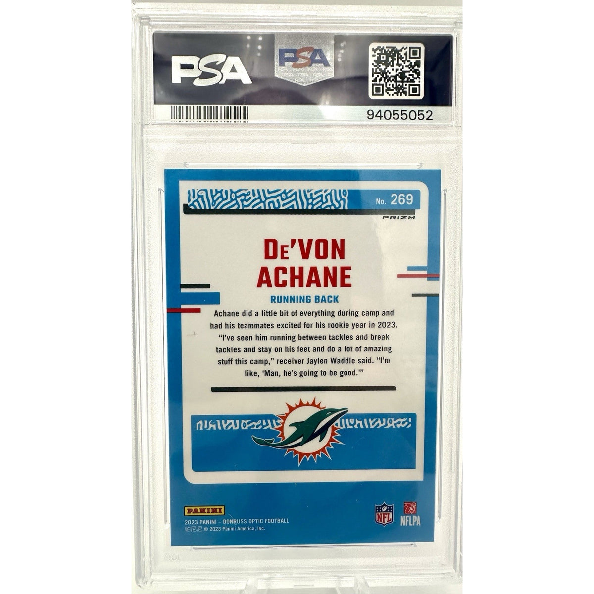 2023 Panini Donruss Optic Rated Rookie De'Von Achane #269 Purple Shock PSA 9