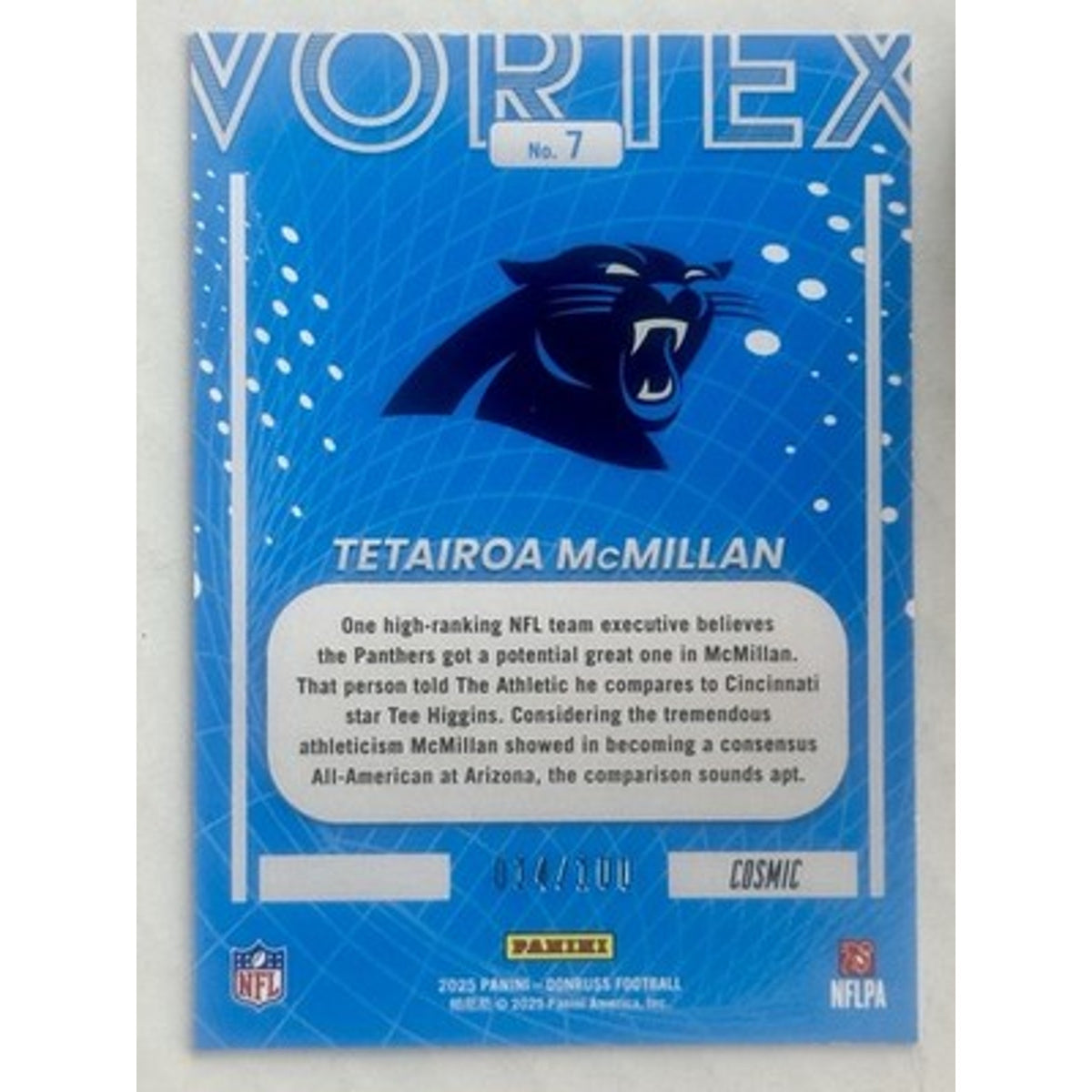 2025 Panini Donruss - Vortex Tetairoa McMillan #7 Cosmic RC /100