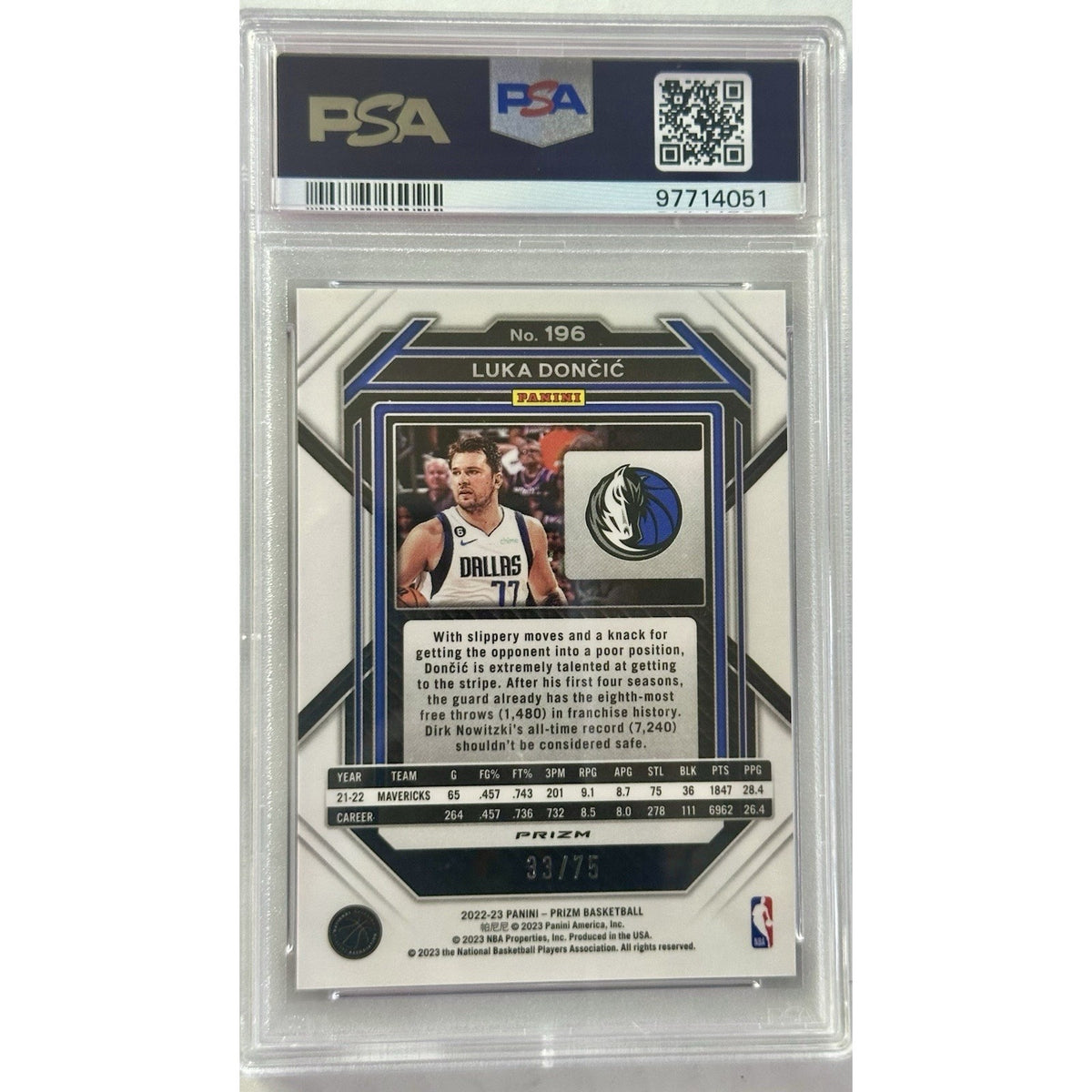 2022-23 Panini Prizm - Purple Fast Break Prizm #196 Luka Doncic /75 PSA 10